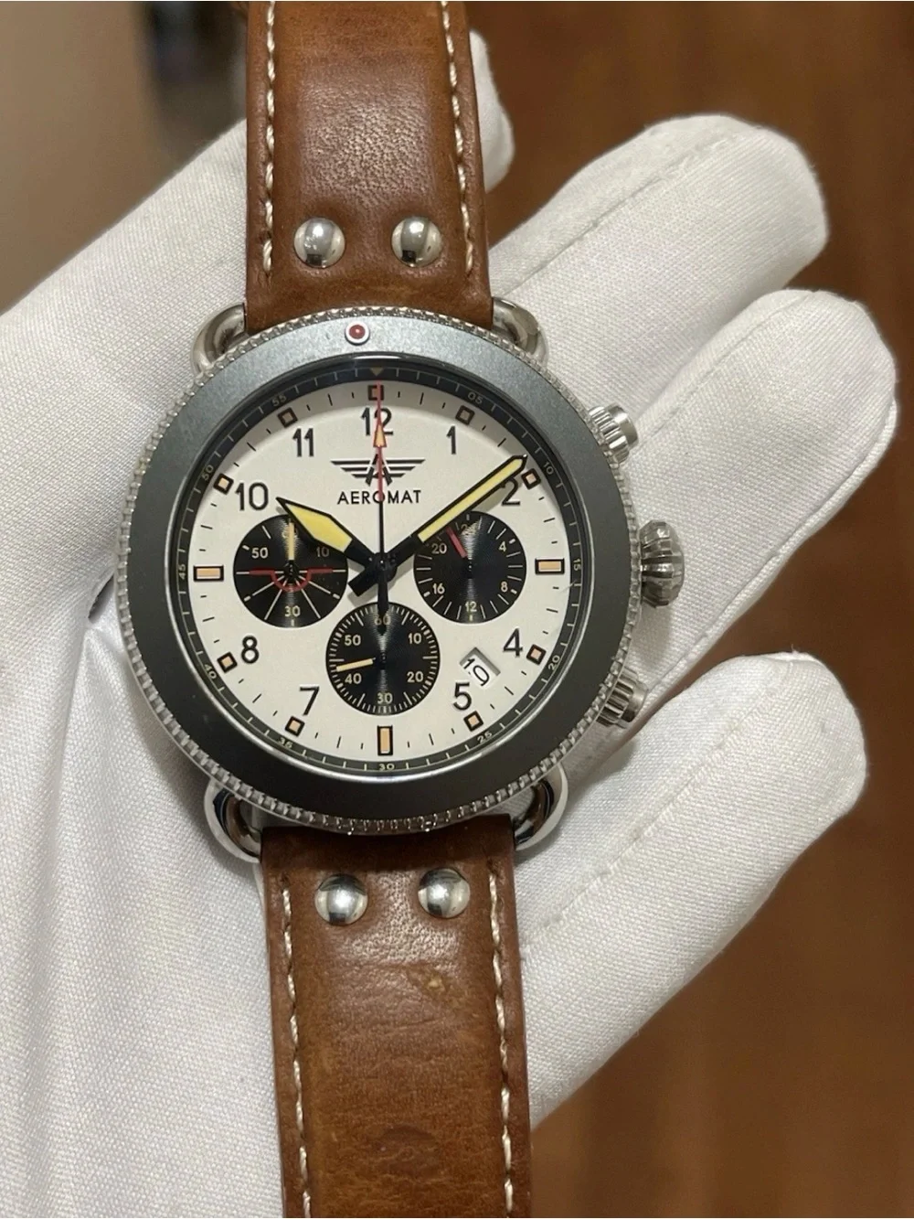 Aeromat Vol De Nuit Men's Pilot Chronograph Watch 44mm White Yellow Dial